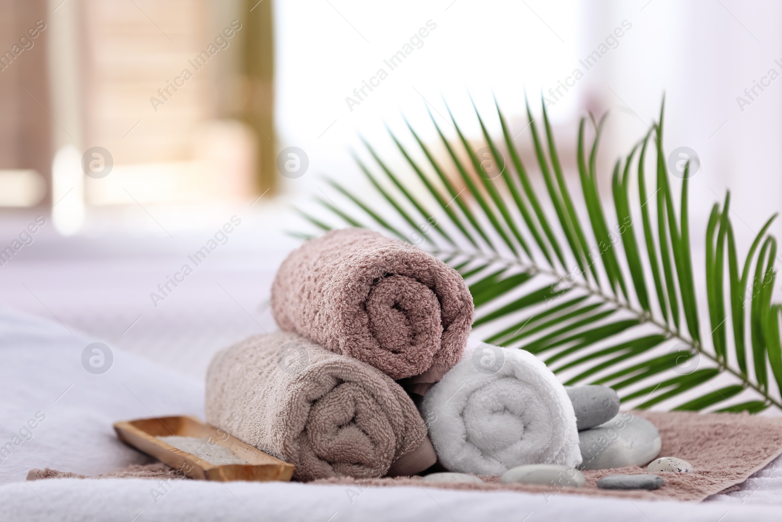 Photo of Beautiful spa composition on massage table in wellness center