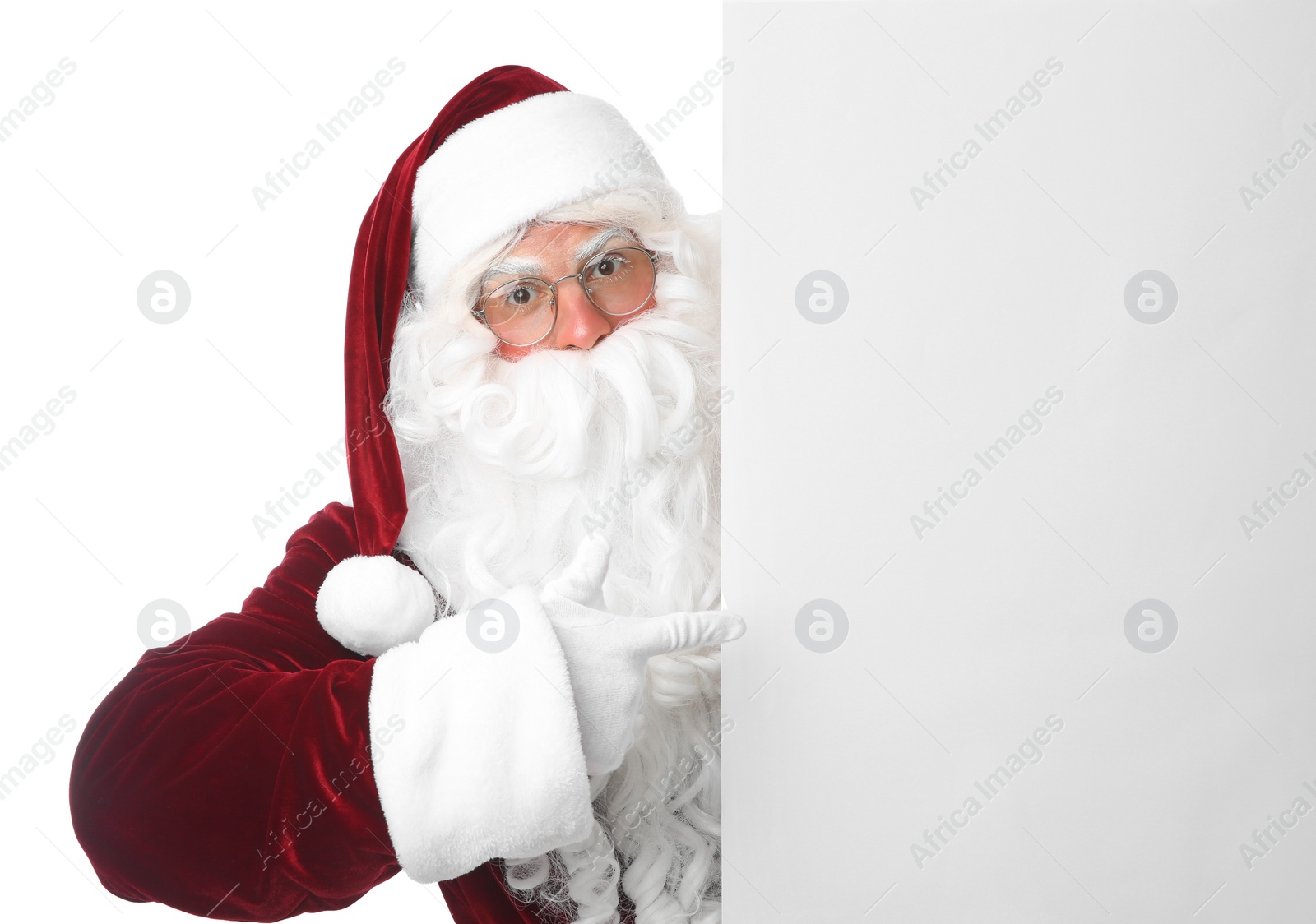 Photo of Santa Claus with blank banner on white background