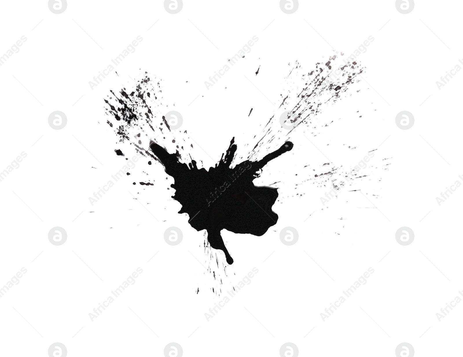 Photo of Black glossy paint spot on white background, top view