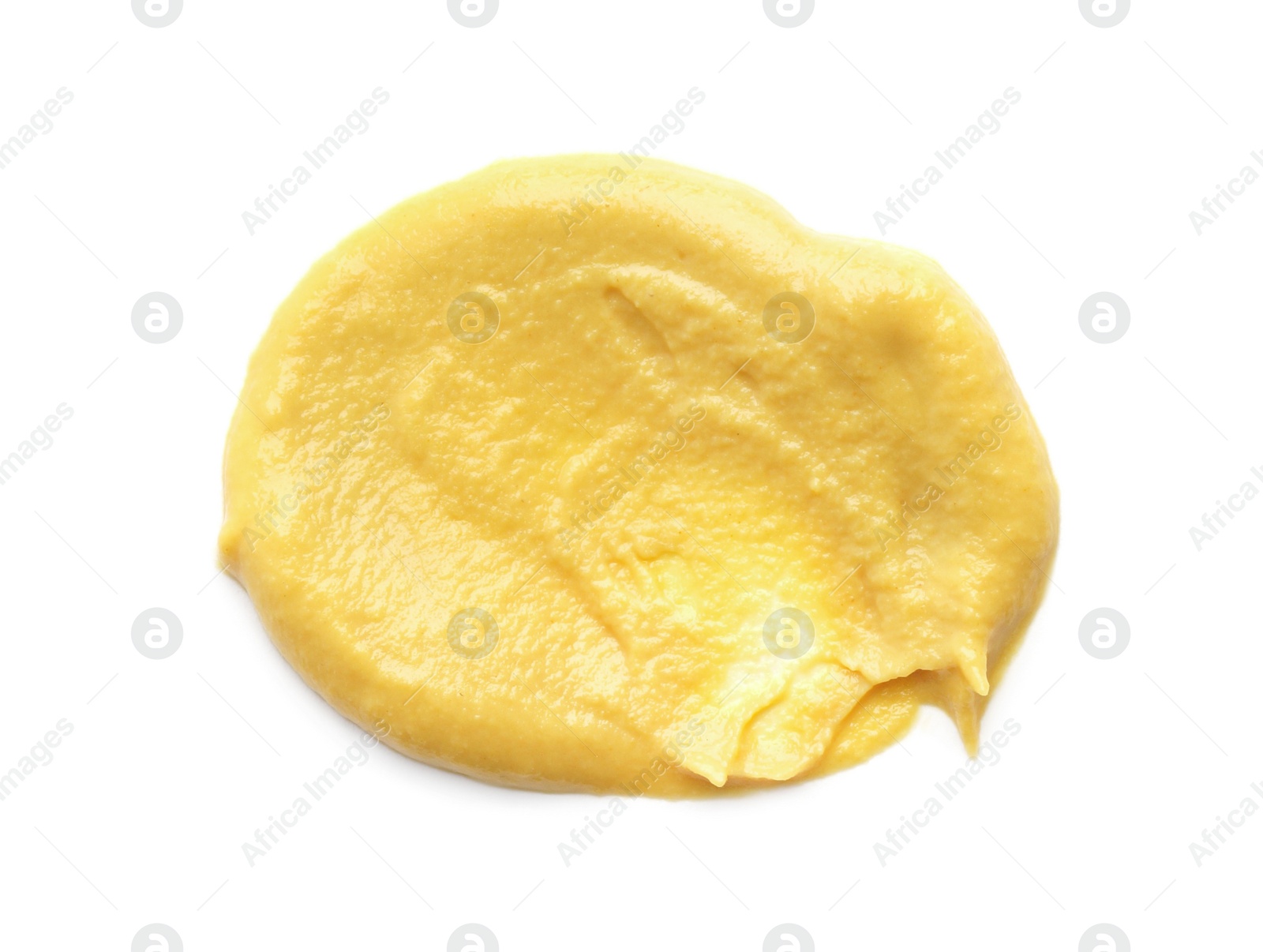 Photo of Smear of delicious mustard isolated on white, top view