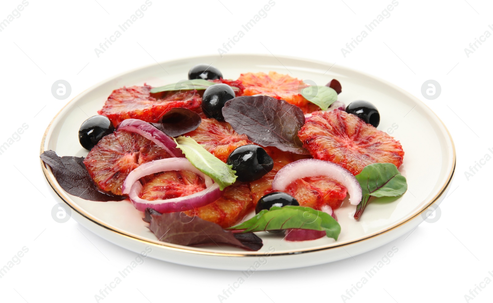 Photo of Plate of delicious sicilian orange salad isolated on white