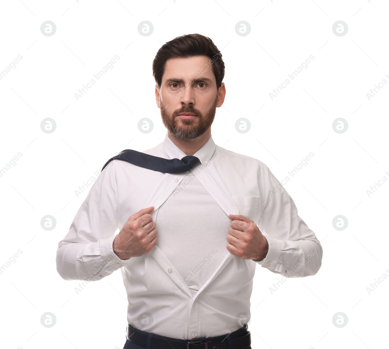 Photo of Businessman wearing superhero costume under suit on white background