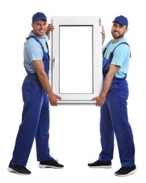 Photo of Workers with plastic window on white background. Installation service