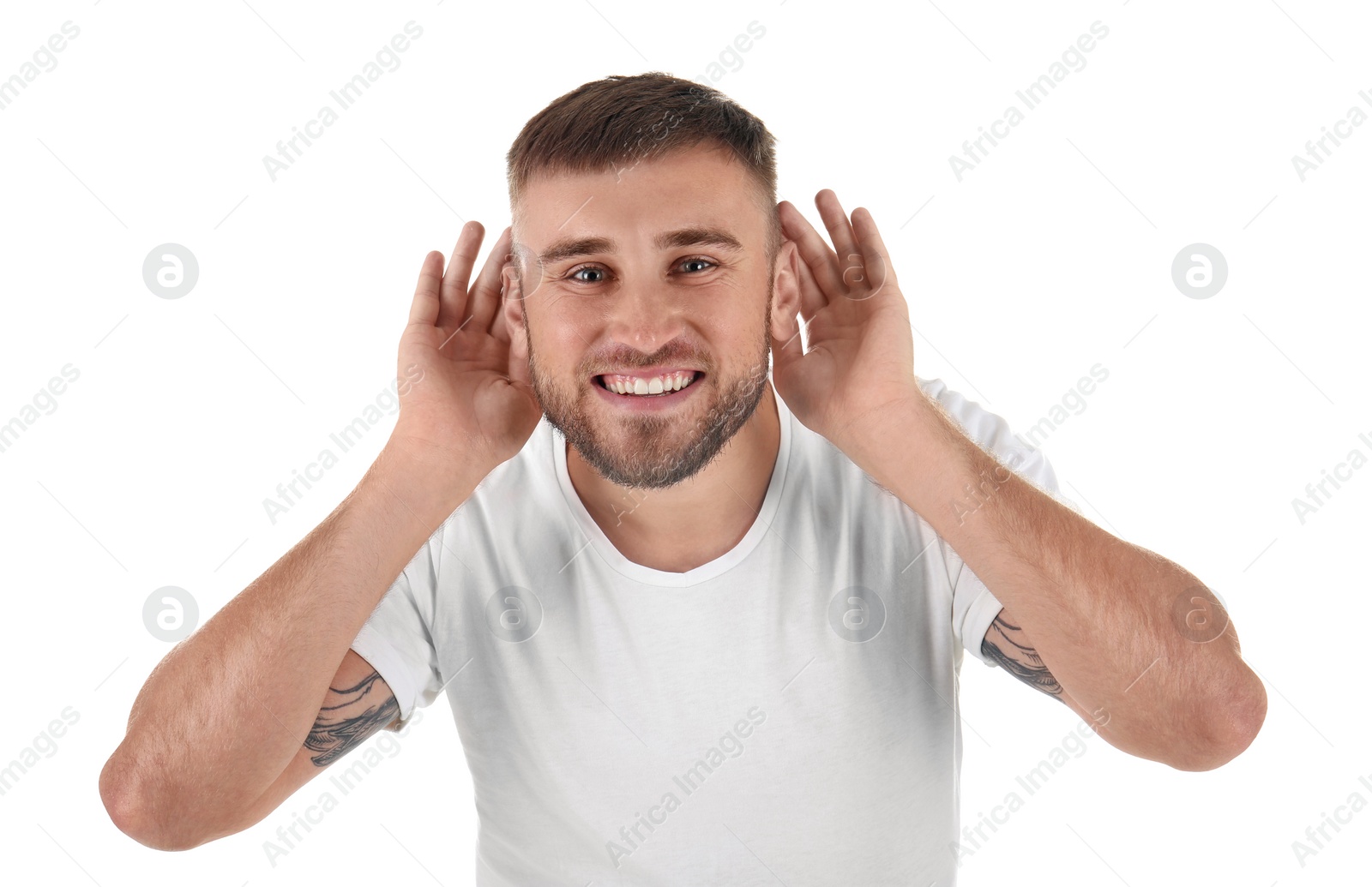 Photo of Young man with hearing problem on white background