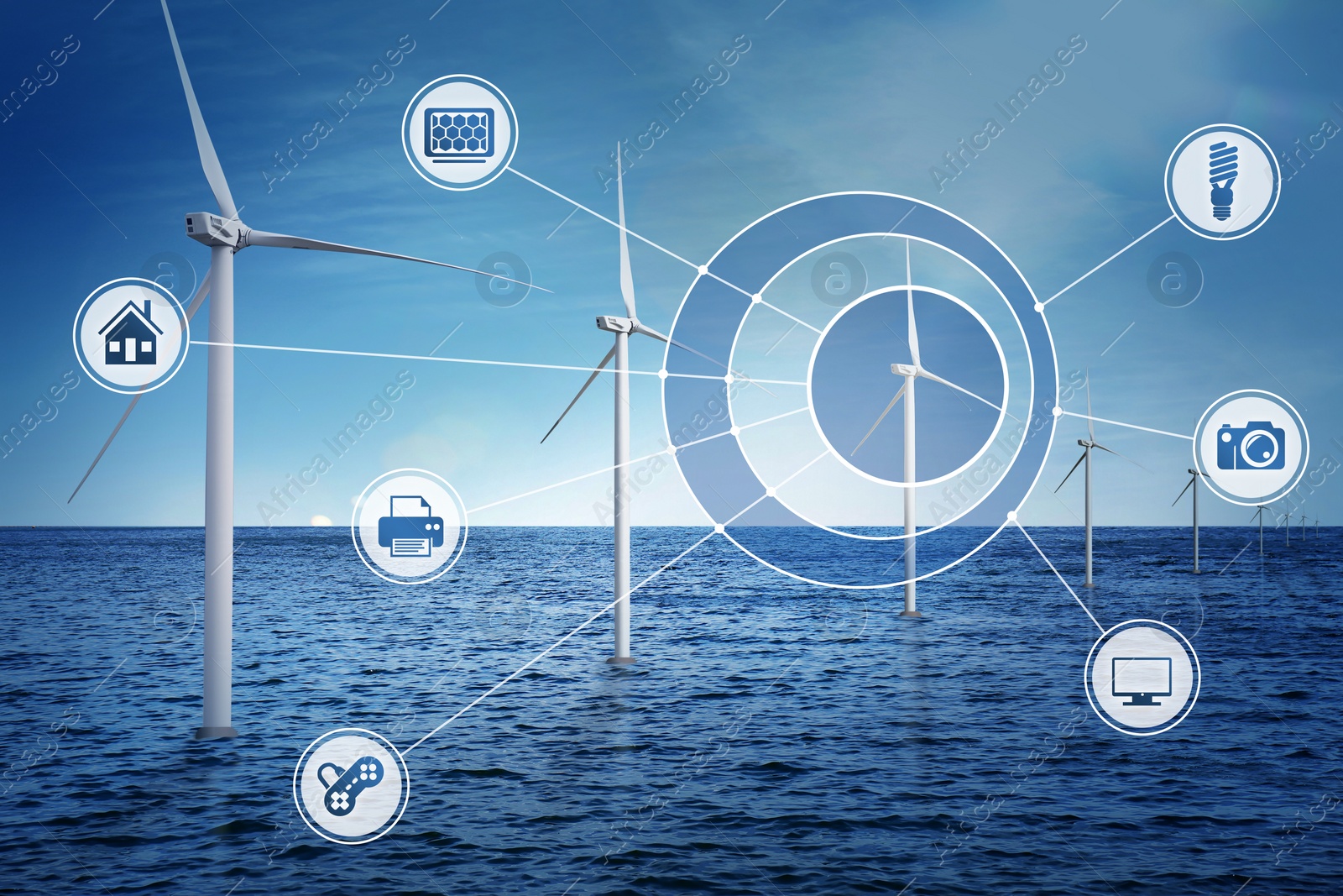 Image of Alternative energy source. Floating wind turbines in sea and scheme