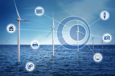 Image of Alternative energy source. Floating wind turbines in sea and scheme