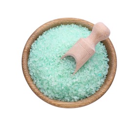 Photo of Bowl with turquoise sea salt and wooden scoop isolated on white, top view