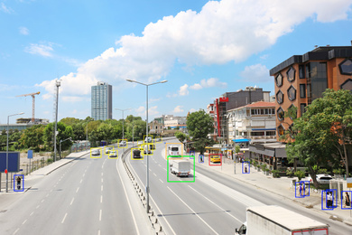 Image of City road with scanner frames on cars and people. Machine learning