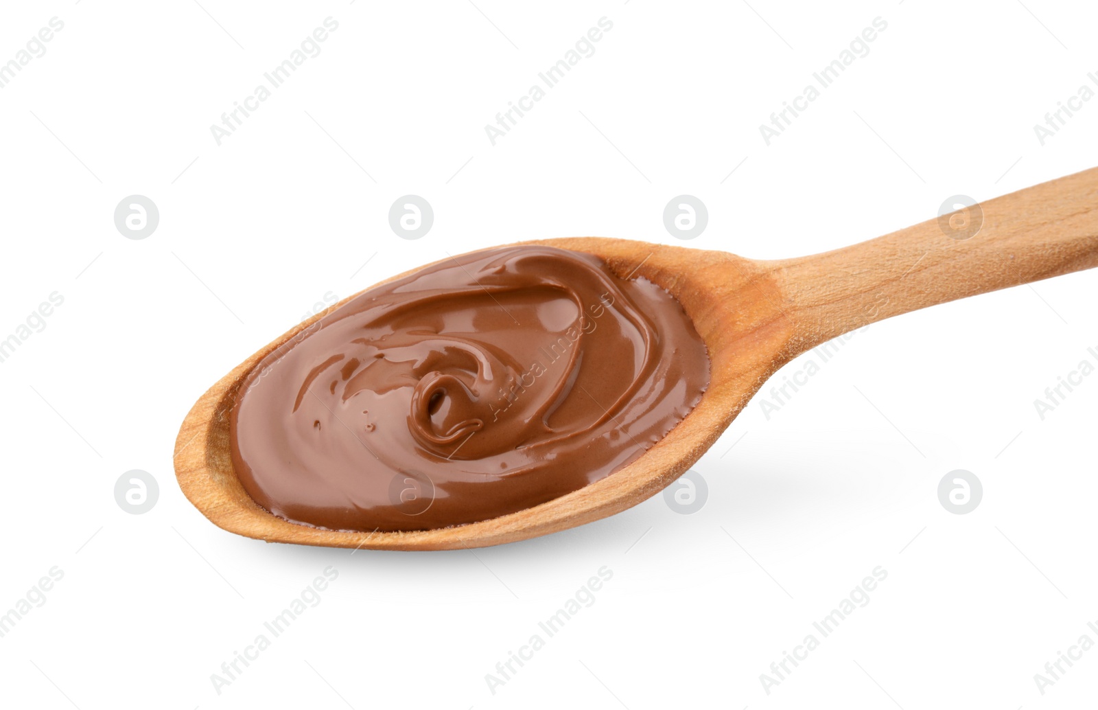 Photo of Wooden spoon with delicious chocolate paste isolated on white