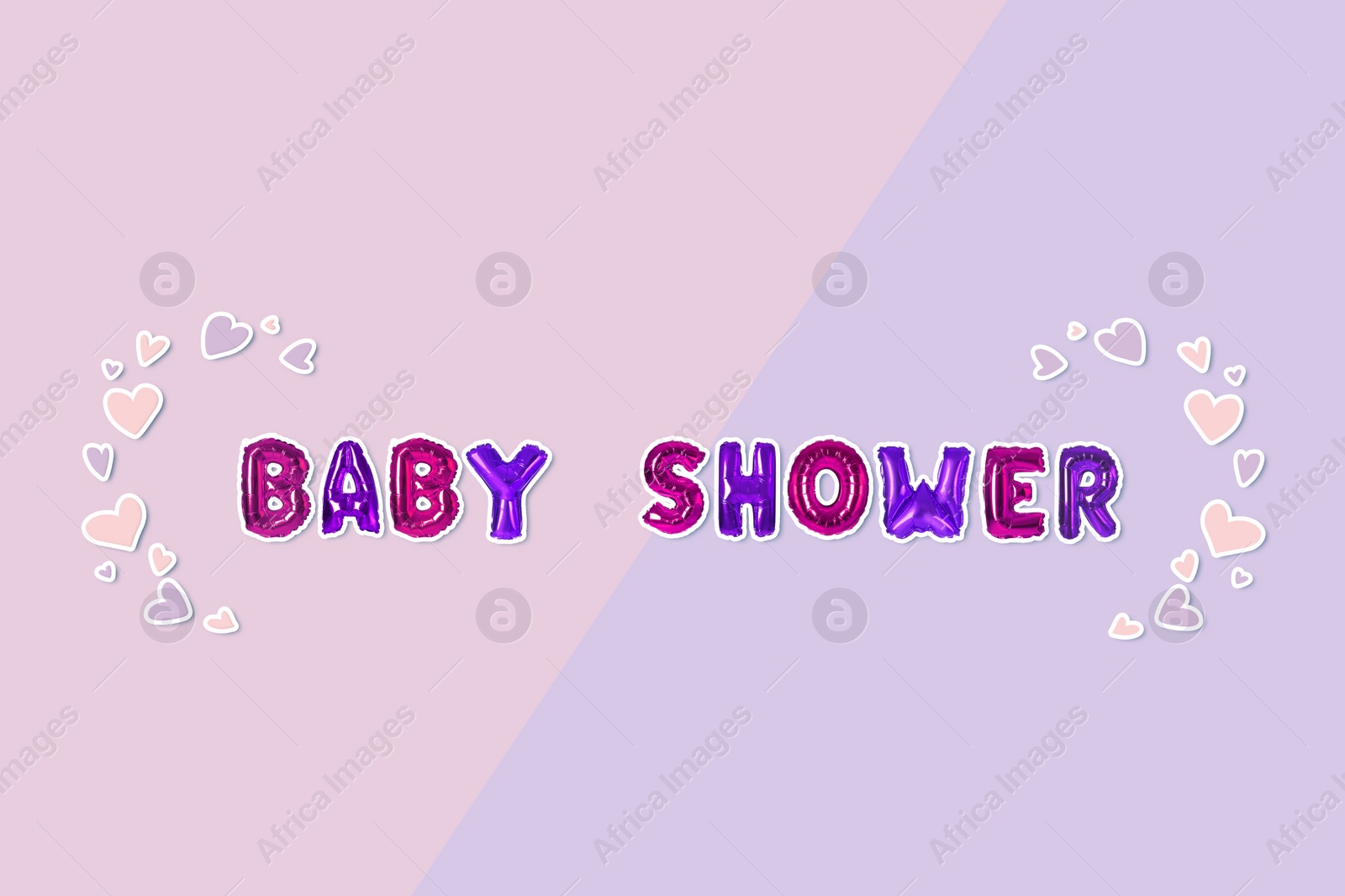 Image of Phrase BABY SHOWER made of foil balloon letters on color background