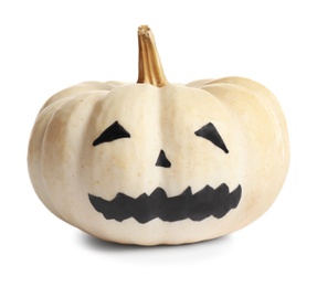 Photo of Halloween pumpkin with cute drawn face isolated on white