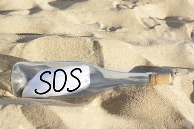 Photo of Glass bottle with SOS message on sand outdoors