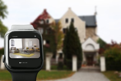 Image of Home security system. Modern smartwatch with image of room through CCTV camera on display against house, collage design