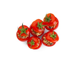 Photo of Delicious stuffed tomatoes with minced beef, bulgur and mushrooms isolated on white, top view