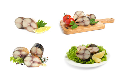 Image of Set with tasty smoked fish on white background