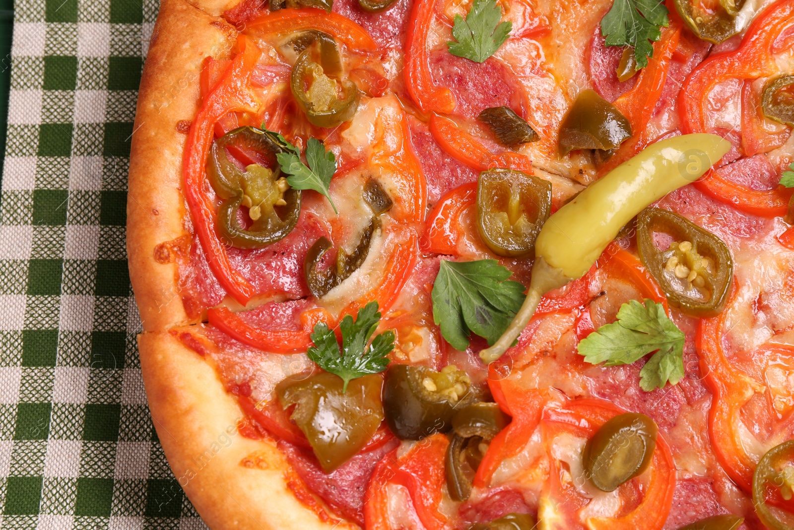 Photo of Delicious pizza Diablo on table, top view