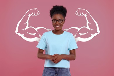 Image of Happy woman and illustration of muscular arms behind her on pink background