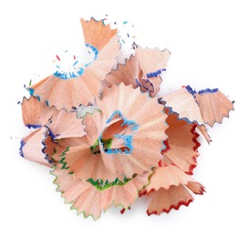 Photo of Heap of colorful pencil shavings on white background, top view