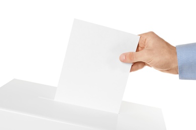 Photo of Man putting his vote into ballot box on white background, closeup