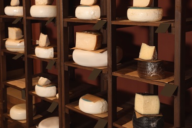 Photo of Different types of delicious cheeses on rack in store