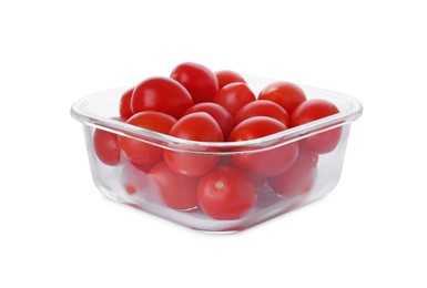 Photo of Glass container with fresh cherry tomatoes isolated on white