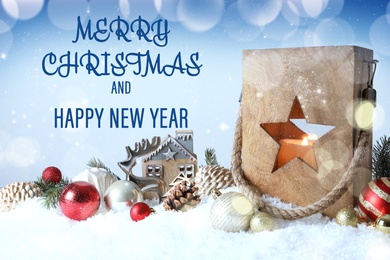 Image of Merry Christmas and Happy New Year. Composition with wooden lantern on snow