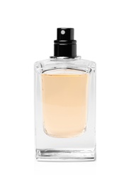 Photo of Transparent bottle of perfume on white background