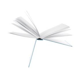 Photo of Open hardcover book with blank pages on white background