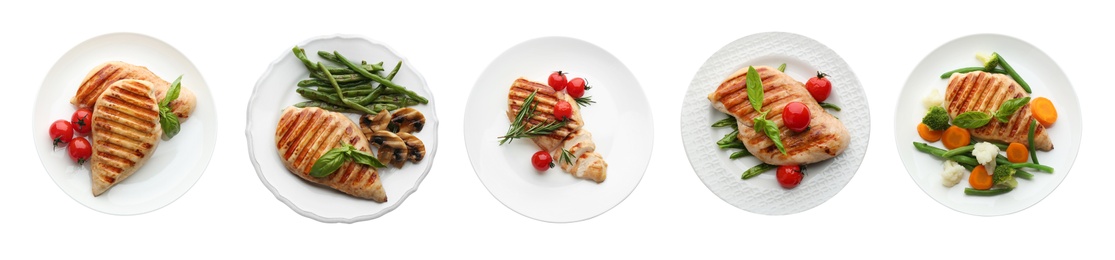 Image of Set of grilled chicken breasts on white background, top view. Banner design 