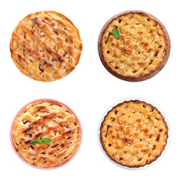 Image of Set of traditional apple pies on white background, top view