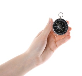 Photo of Woman holding compass on white background, closeup. Tourist equipment