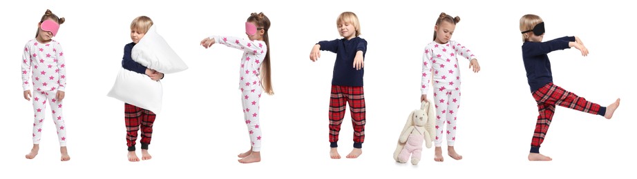 Image of Collage with photos of children sleepwalking on white background