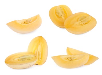 Image of Set with fresh ripe pepino fruits on white background 