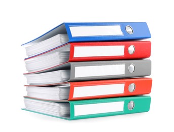 Photo of Many bright office folders isolated on white