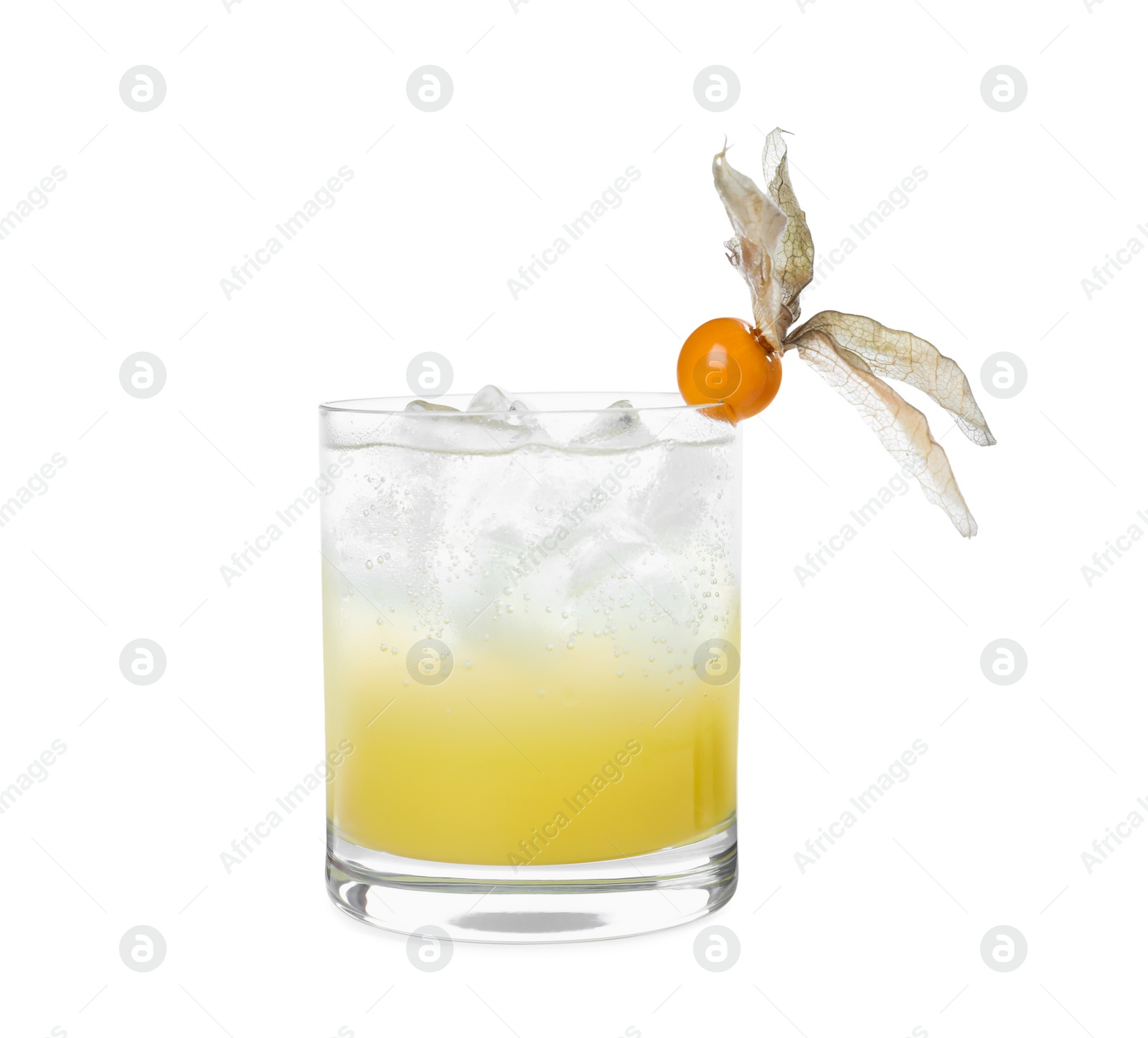 Photo of Refreshing cocktail decorated with physalis fruit on white background