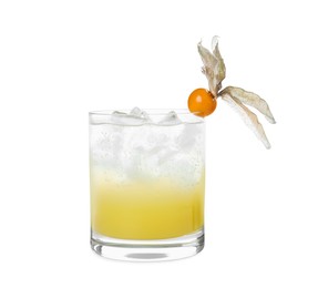 Photo of Refreshing cocktail decorated with physalis fruit on white background