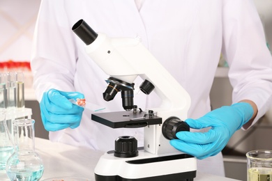 Photo of Scientist inspecting forcemeat sample with microscope in laboratory
