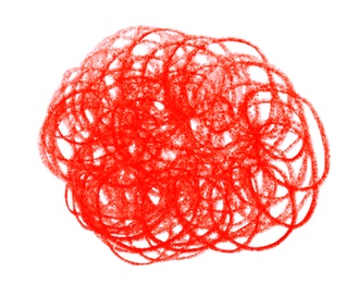 Photo of Red pencil scribble on white background, top view