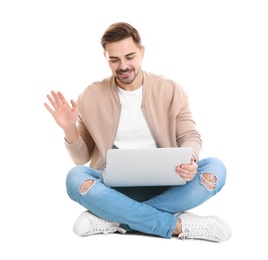 Photo of Man using laptop for video chat isolated on white