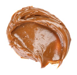 Photo of Smear of boiled condensed milk isolated on white, top view