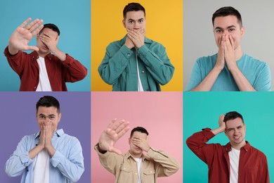 Image of Collage with photos of embarrassed man on different color backgrounds