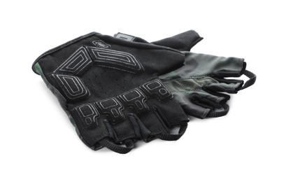 Photo of Pair of stylish fingerless cycling gloves on white background