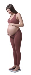 Photo of Pregnant woman standing on scales against white background