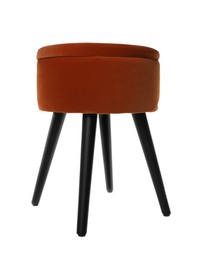 Photo of Stylish orange velvet stool isolated on white