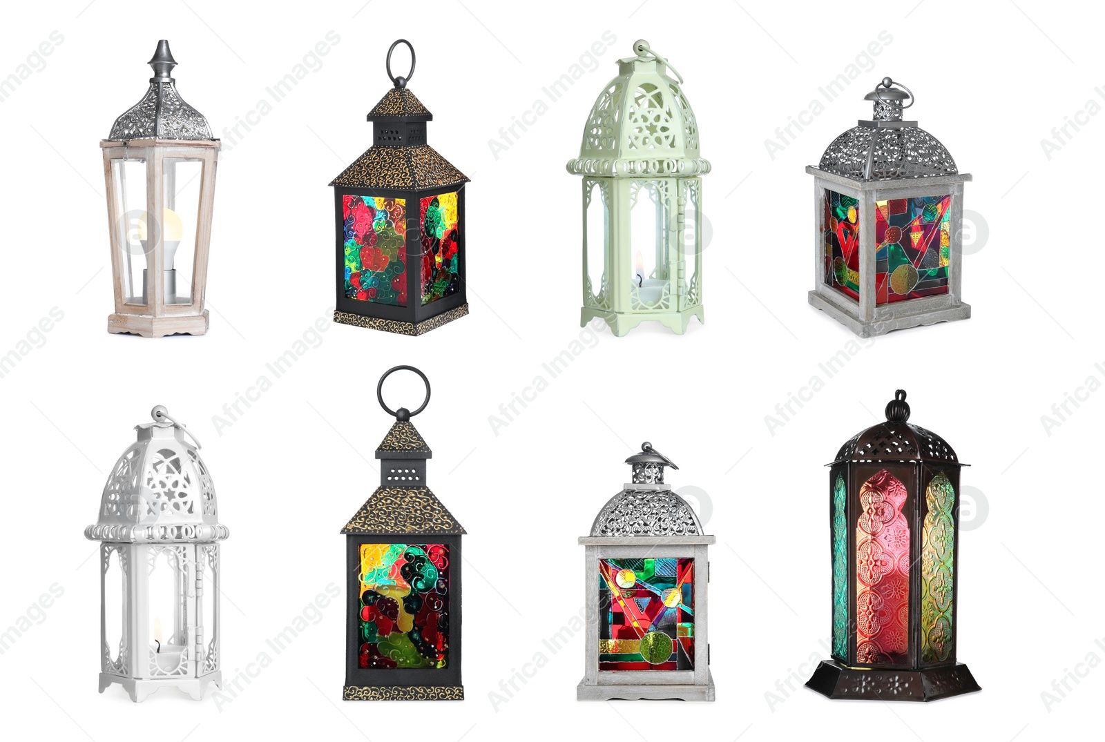 Image of Set with different traditional Arabic lanterns on white background 