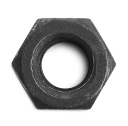 Photo of One metal nut on white background, top view