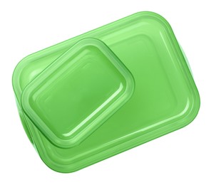 Photo of Two empty glass containers for food on white background, top view