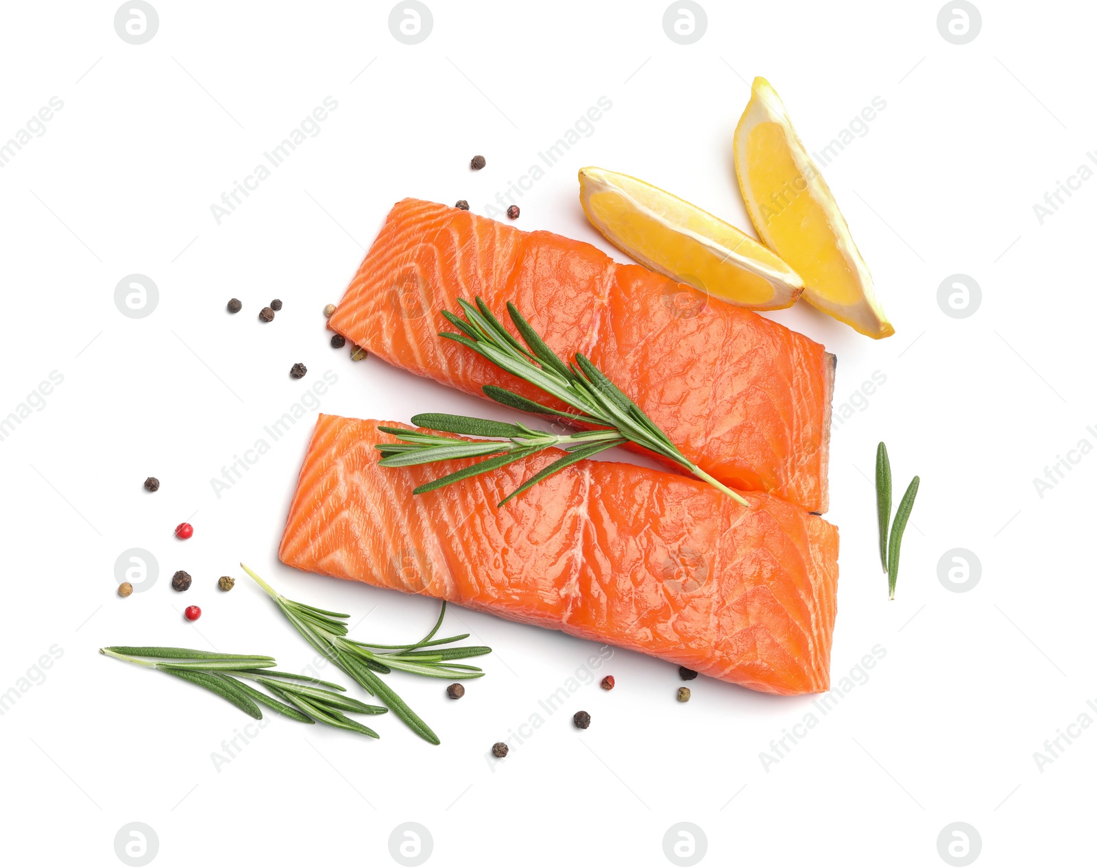 Photo of Fresh raw salmon fillets with rosemary and lemon on white background, top view