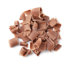 Photo of Pile of tasty chocolate shavings isolated on white, top view