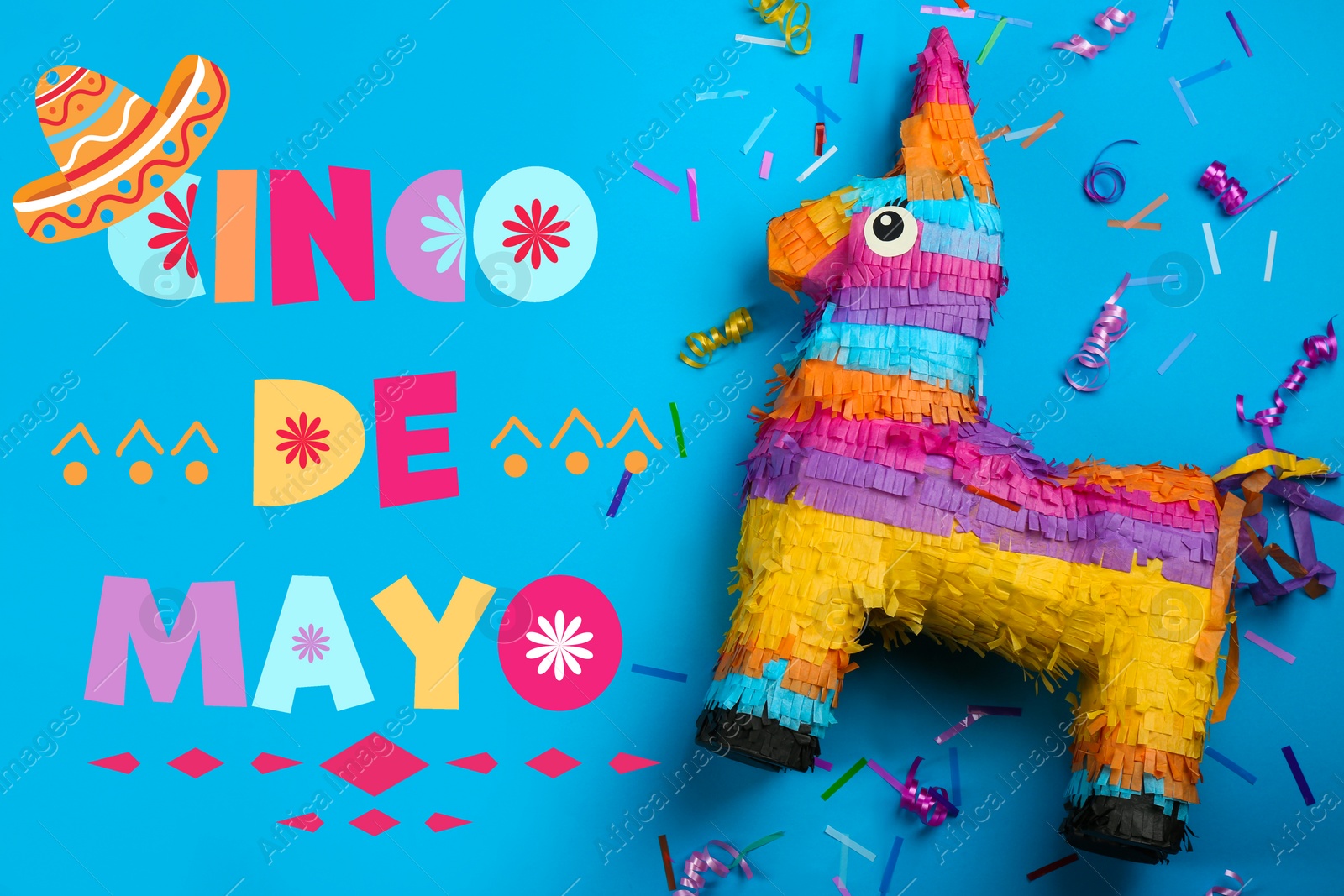 Image of Cinco de Mayo festive poster. Bright funny pinata on blue background, flat lay